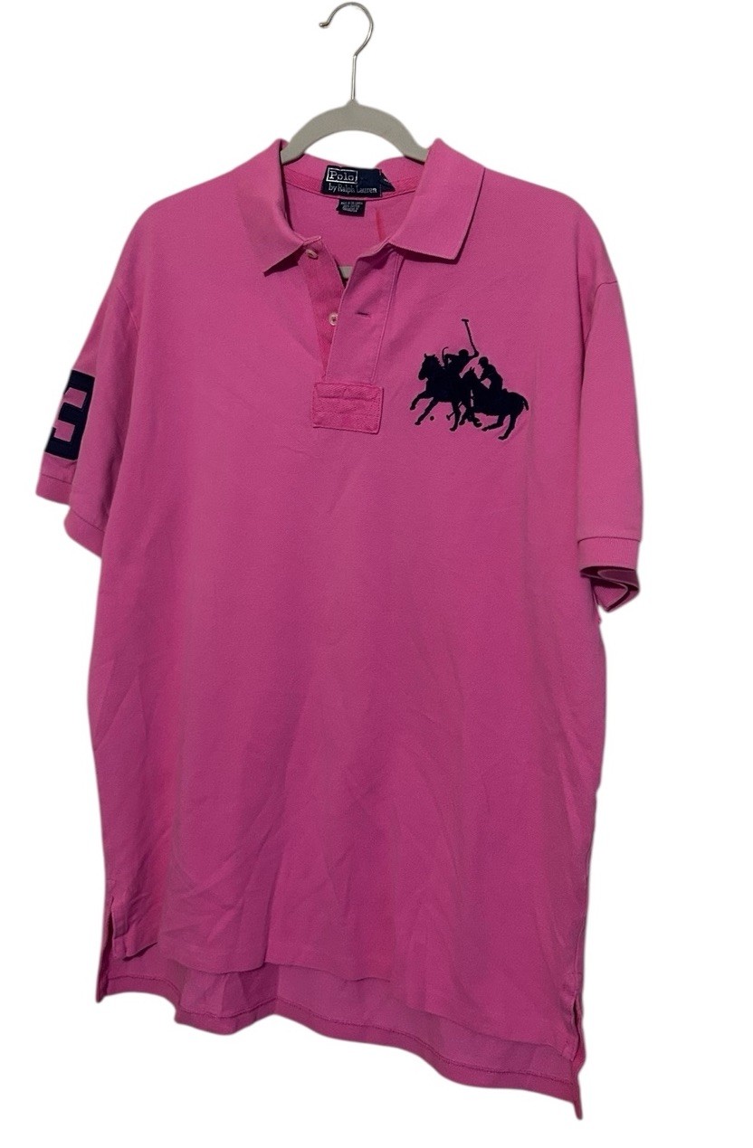 Polo Ralph Lauren anni 90 camicia uomo L rosa big pony rugby #3 manica corta rosa