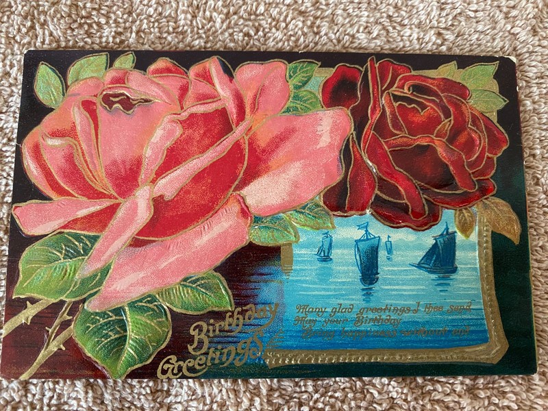 Antique Birthday Greeting Postcard. Early 1900s Embossed Roses w/postage stamp