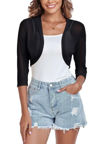 Women's 3/4 Sleeve Shrug Open Front Cardigan Bolero Jacket Black M