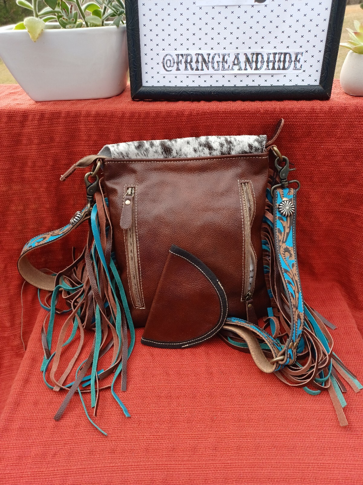 NWT Myra Cobal Blue Concealed Carry Leather & Hide Embossed Fringe Western speck