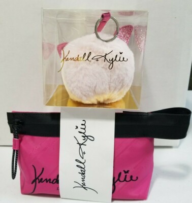 Kendall + Kylie Pink and Black Zip Close Make Up Bag with Pink Puff Pom Keychain