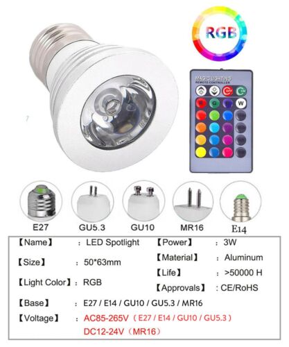 E27 E14 GU10 GU5.3 MR16 RGB LED Spotlight Bulbs Remote Control Colourful Light - Picture 2 of 12