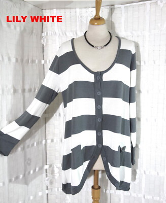 LILY WHITE Designer Cardigan Strickjacke Gr. 1  42 44 + weiß grau STREIFEN Knopf