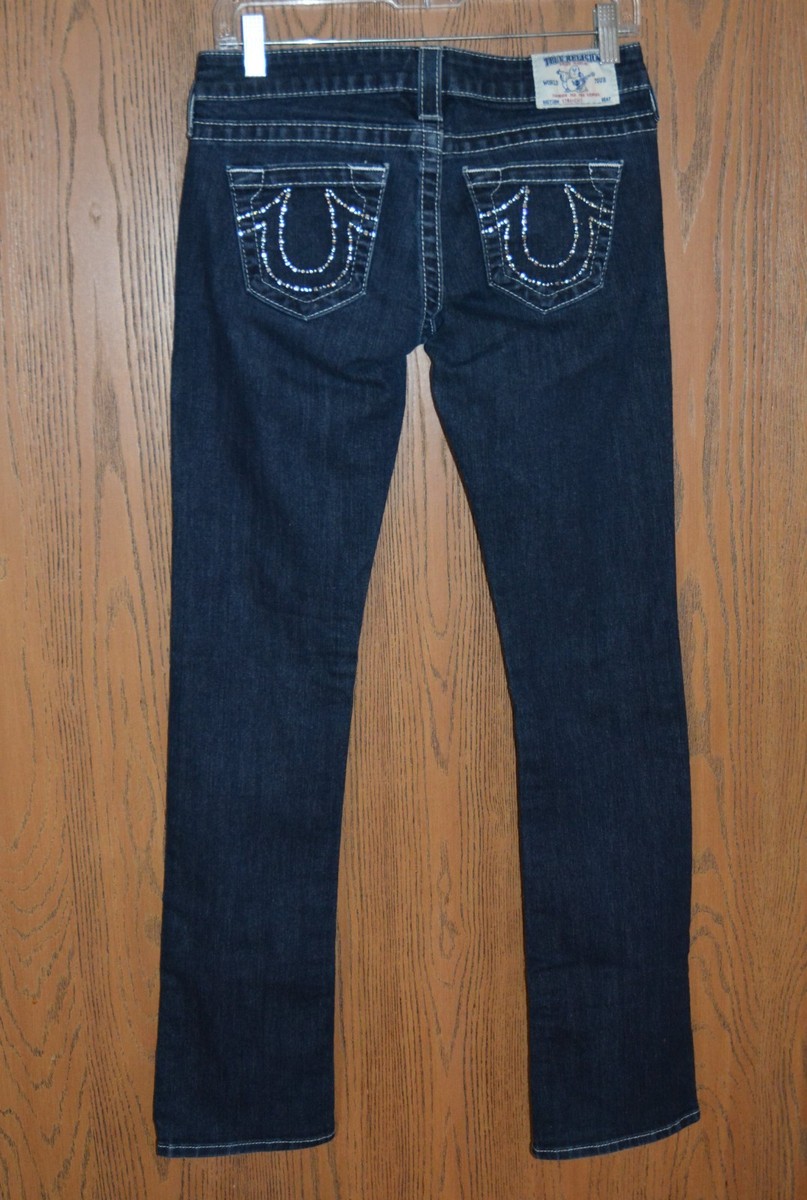 TRUE RELIGION Women's Straight Jeans with Rhinestones and Studs Sz