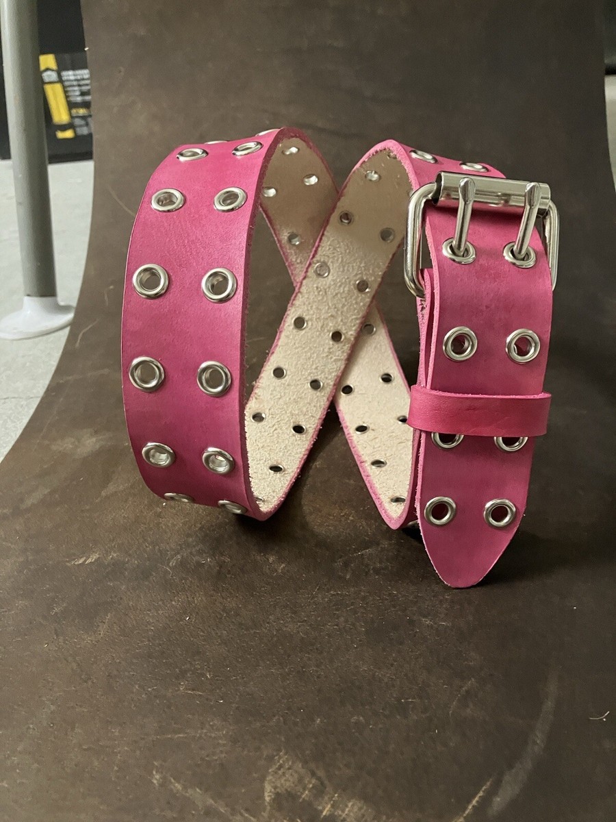 Pink Leather Belt 2 Holes Grommets Double Hole Double Prong