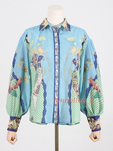 Mujeres Verano 2 piezas Nuevo Vintage Estampado Solapa Manga Larga Informal Camisa Pantalones Conjuntos - Imagen 9 de 25