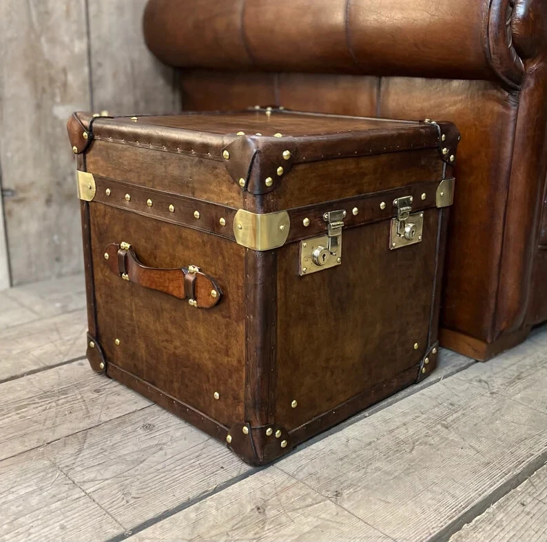 Wooden Leather Storage Trunk Coffee Table Perfect Christmas Gift Home Decor - Image 3 of 4