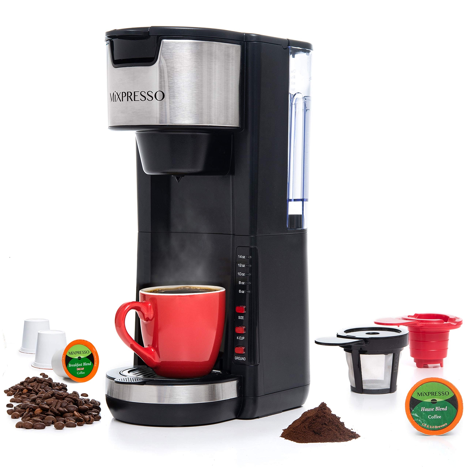 Mixpresso Single Serve 2 in 1 Coffee Brewer K-Cup Pods Compatible & Ground