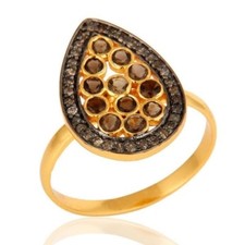 Smoky Quartz Gemstone 925 Silver Gold Plated Pave Diamond Ring Jewelry