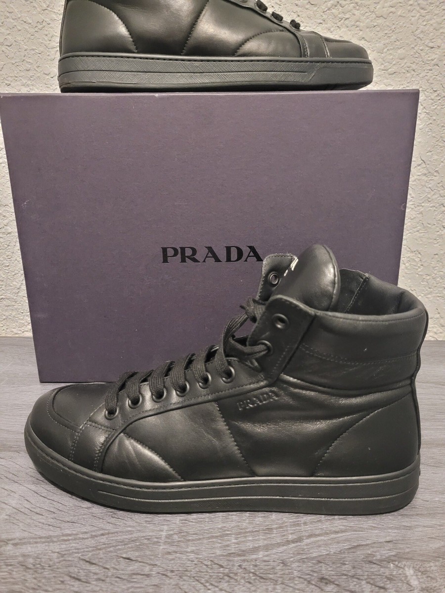 PRADA HIGH-TOP SNEAKERS SHOES 4T2596 BLACK NAPPA LEATHER US 9 EU