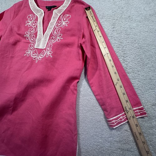 Brooks Brothers Embroidered Linen Tunic Top Women's XS Bright Pink Blouse EUC - Picture 7 of 11