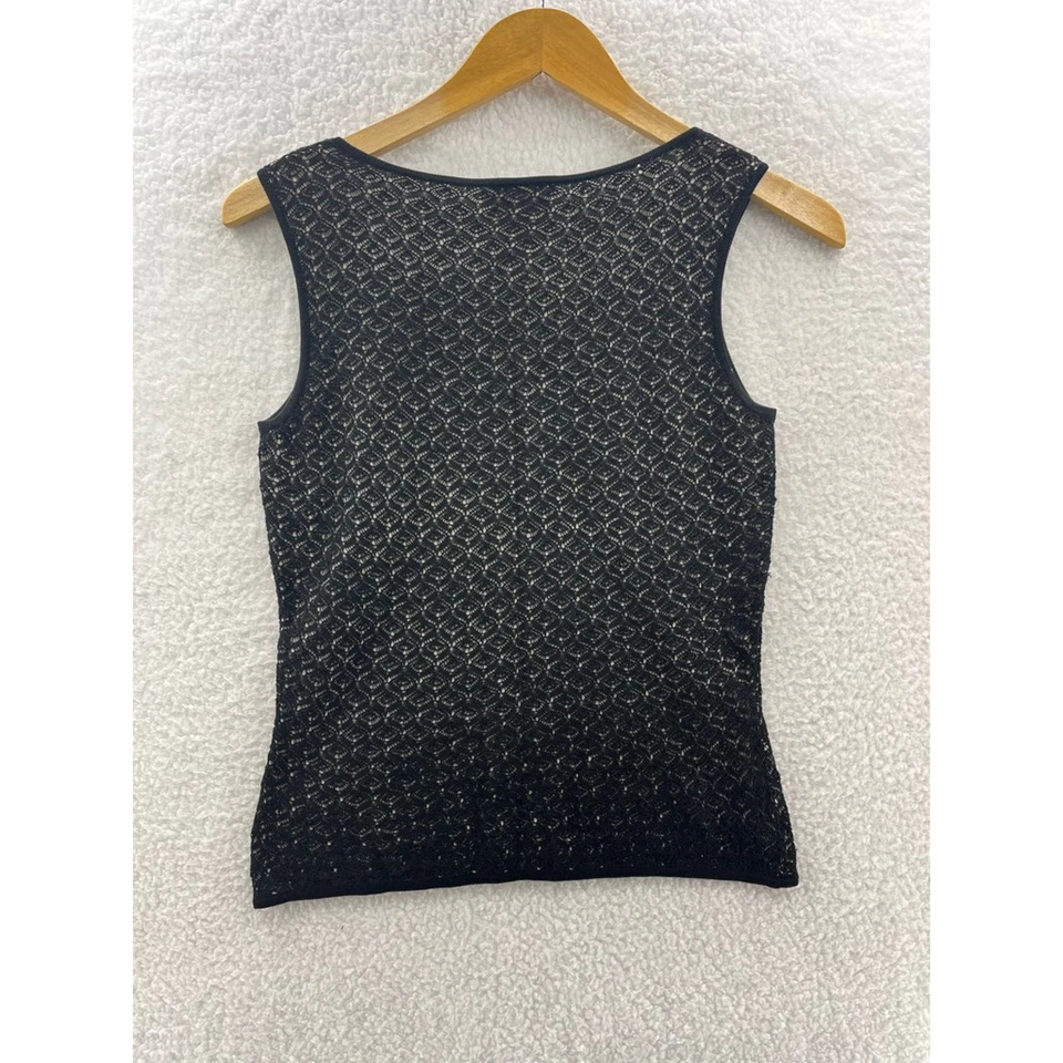 Camiseta sin mangas Talbots para mujer tejida negra blanca geométrica cuchara encaje seda Petites P Foto 2 de 4