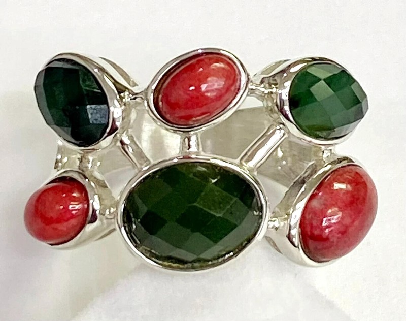 HSN Jay King Sterling Silver Pink Thulite & Green Jade Cluster Ring Size 6