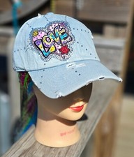 NEW Ladies Light Blue Vintage Denim Jean LOVE BLING Ball Cap Hat Adjustable