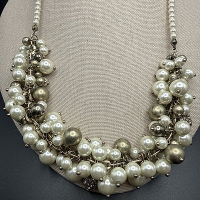 Ann Taylor LOFT Silver Tone Statement Necklace Clear Rhinestone Faux Pearls 20 