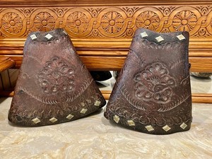 Vintage wooden stirrups pair embossed leather covers metal studs Equestrian