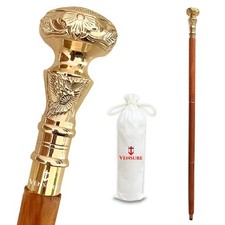 Vintage Wooden Walking Stick - Wooden Cane with Golden Brass Knob Handle - Br...