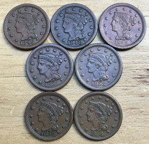 VF to EF+ Large Cents:  Two 1848, 1849, 1853, two 1854 & two 1856