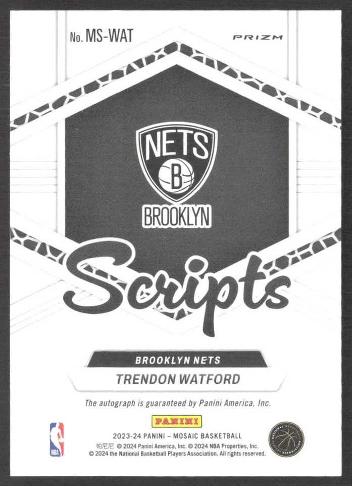 Trendon Watford 2023-24 Panini Mosaic Scripts #MS-WAT AU Brooklyn Nets - Image 2 of 2