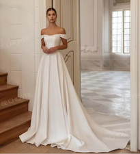 Off the Shoulder A-Line Wedding Dresses Sleeveless Appliques Satin Bridal Gowns