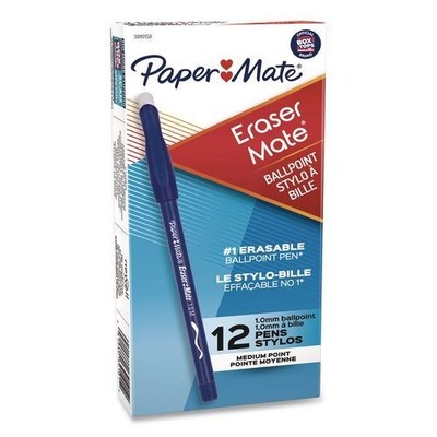 Paper Mate Eraser Mate Ballpoint Pen, Stick, Medium 1 mm, Blue Ink, Dozen
