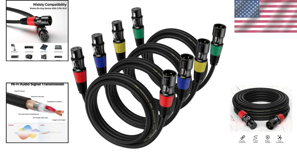 XLR Microphone Speaker Cables 3ft 4-Pack Balanced Shielded Connectors - Image 2 of 4