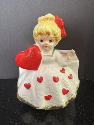 Relpo 6657 Ceramic Girl hearts Valentine I Love You Planter, 1950s great paint 
