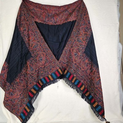Medium-Weight Woven Wrap Dark Blue with Multicolor Borders 80in X 27in