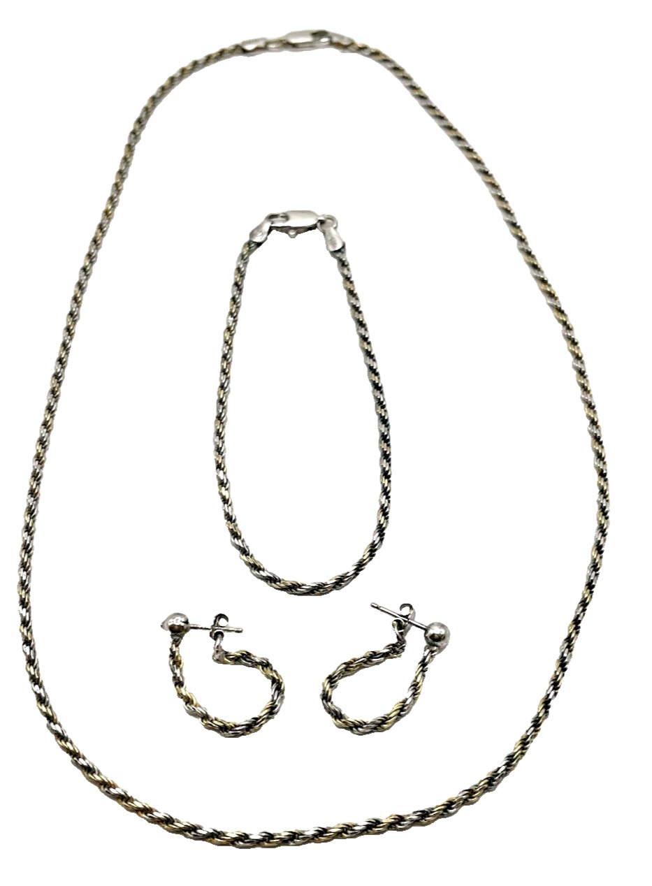 Sterling Silver Two Tone Solid Diamond Cut Rope C… - image 3