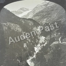 Antique Glass Magic Lantern Slide Photo Alpine Valley View With Glacier And Pine