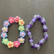 Girls Multicolor Beaded Charm Bracelets Set Flower Purple Plastic Stretch