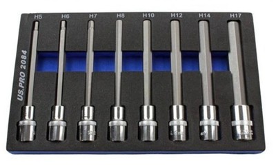 LANGER SECHSKANT/INBUS BIT STECKSCHLÜSSELSATZ von US PRO TOOLS 1/2'' ANTRIEB 5 6 7 8 10 12 14 17mm