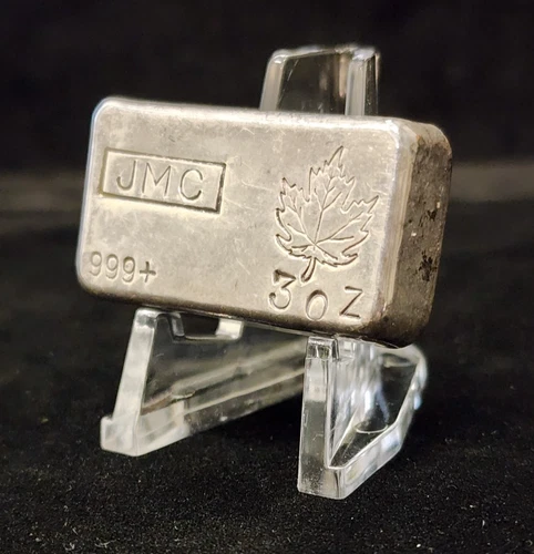 Vintage 3 oz JMC - Johnson Matthey Canada (JM) Poured Silver Bar w/ Maple Leaf