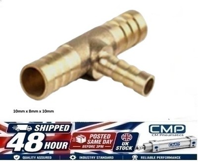 10 mm x 8 mm x 10 mm Messing Schlauch Reduzierstück Widerhaken Fitting T-Form 3-fach UK