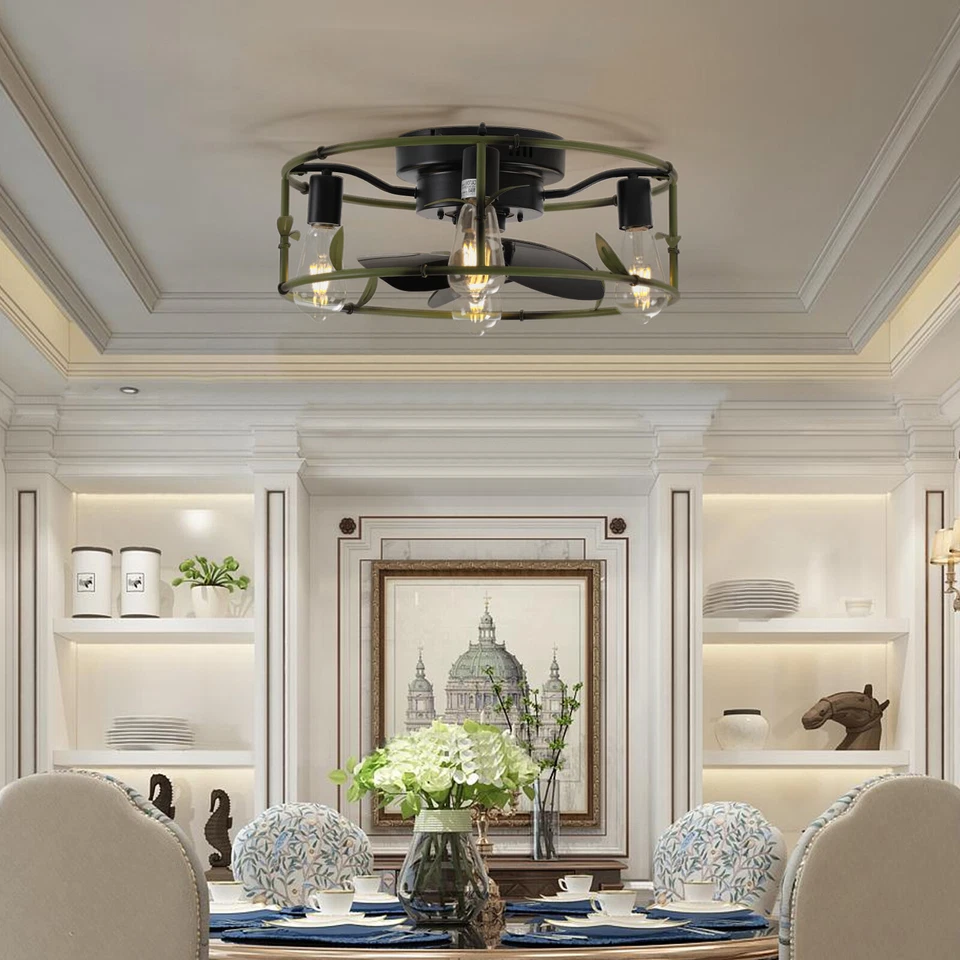 Ventilador de techo 19 pulgadas luz granja enjaulado verde montaje empotrado con kit de control remoto Foto 4 de 4