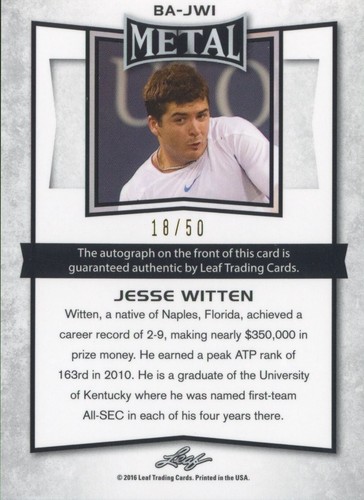 LEAF 2016 METAL JESSE WITTEN #BA-JW1 18/50 BLUE PRISMATIC AUTOGRAMMKARTE - Bild 2 von 2
