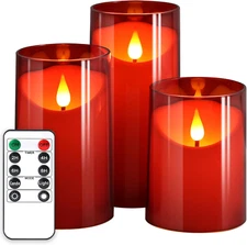 Flameless Candles with Remote Timer: 3D Wick Battery 4"x5"x6", Red