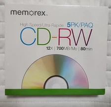 MEMOREX High Speed CD-RW 12x Data/700MB/80 Min 5-Pack Blank CD Disks (SEALED)
