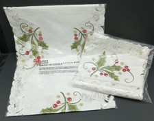 Christmas Holly Table Topper Runner 25969 Lot of 2 White Embroidered 32"x33"