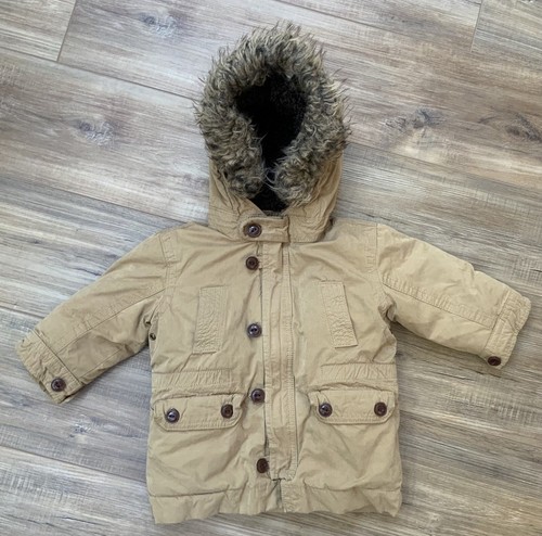 KLEINKIND MÄDCHEN BABY GAP KHAKI CARGO KUNSTFELLBESATZ KAPUZE UTILITY JACKE GRÖSSE 18-24m - Bild 1 von 12