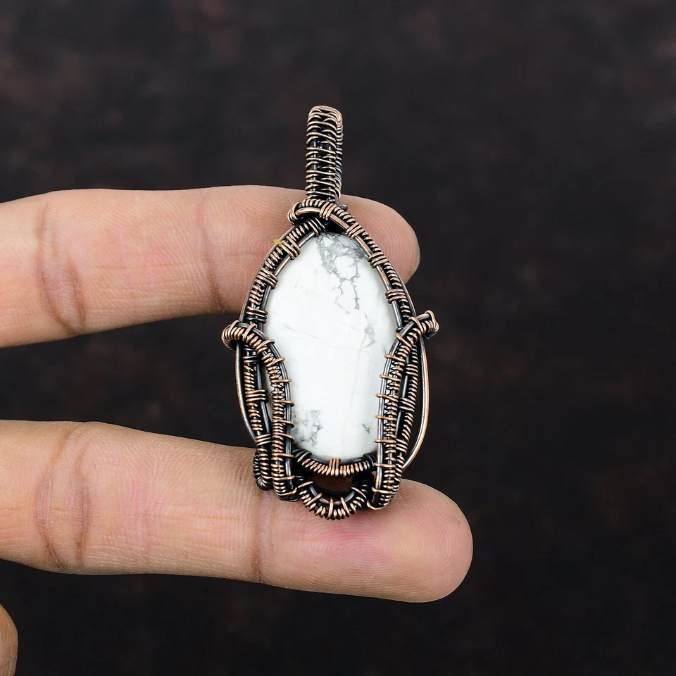 Women Day Sale Howlite Wire Wrapped Pendant Handcrafted Copper Unique 2.52" - image 2 of 4