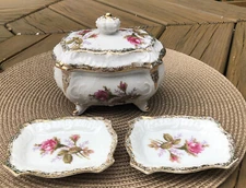 Vtg Japan Del Mar Rose Porcelain Ceramic Cigarette Holder Lid & 2 Ashtrays