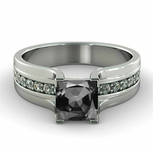 2.3Ct Princess Cut Black Diamond Solitaire Engagement Ring 14K White Gold Finish - Picture 2 of 8