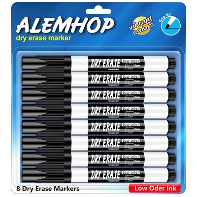 ALEMHOP Ultra Fine Tip Dry Erase Markers, 8 Black Marking Pens for Whiteboard...
