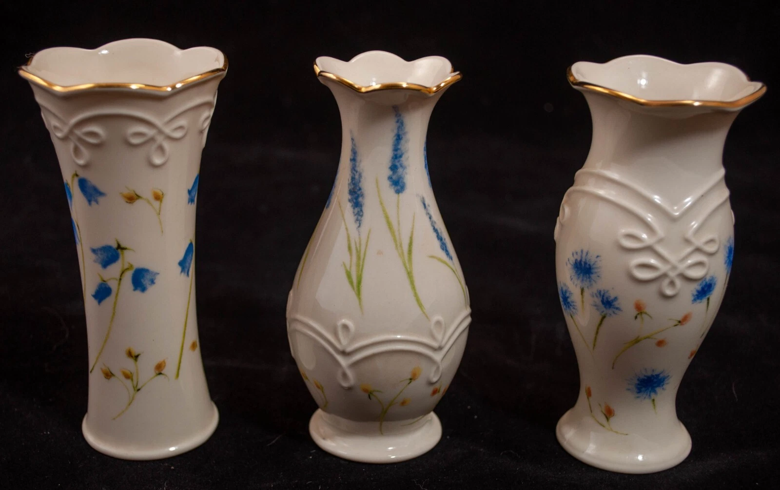 Set of 3 Lenox bud vases, gold edging blue floral design some yellow/orange