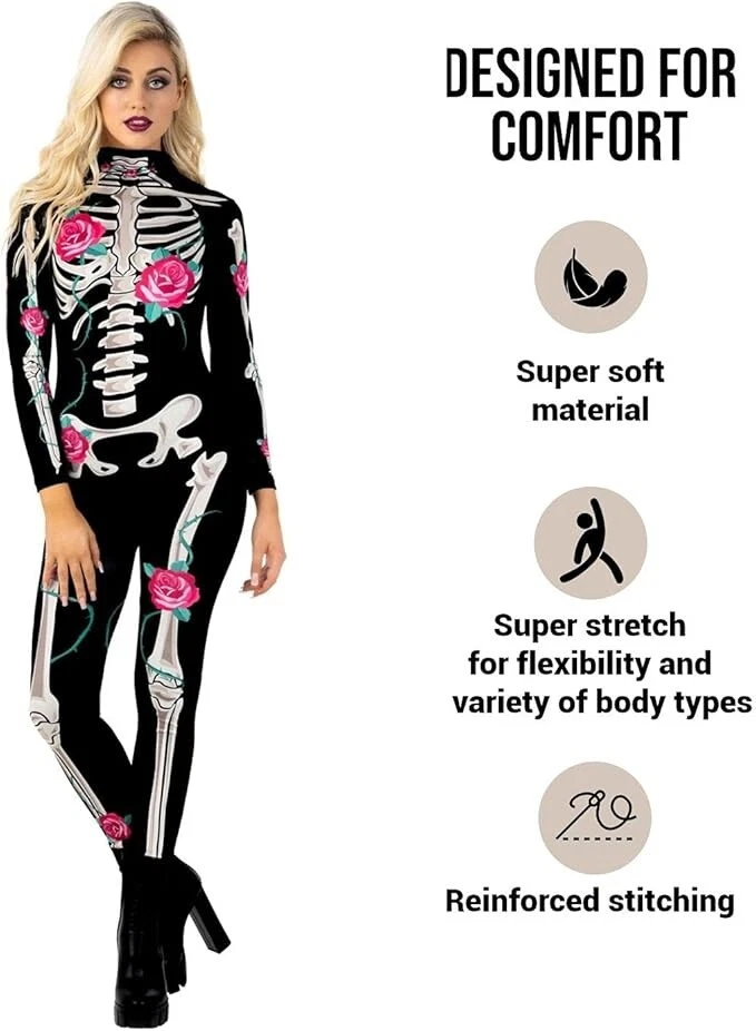 Mujeres Sexy Rosa Esqueleto Mono Disfraz Damas Halloween Body S - XL Foto 3 de 4