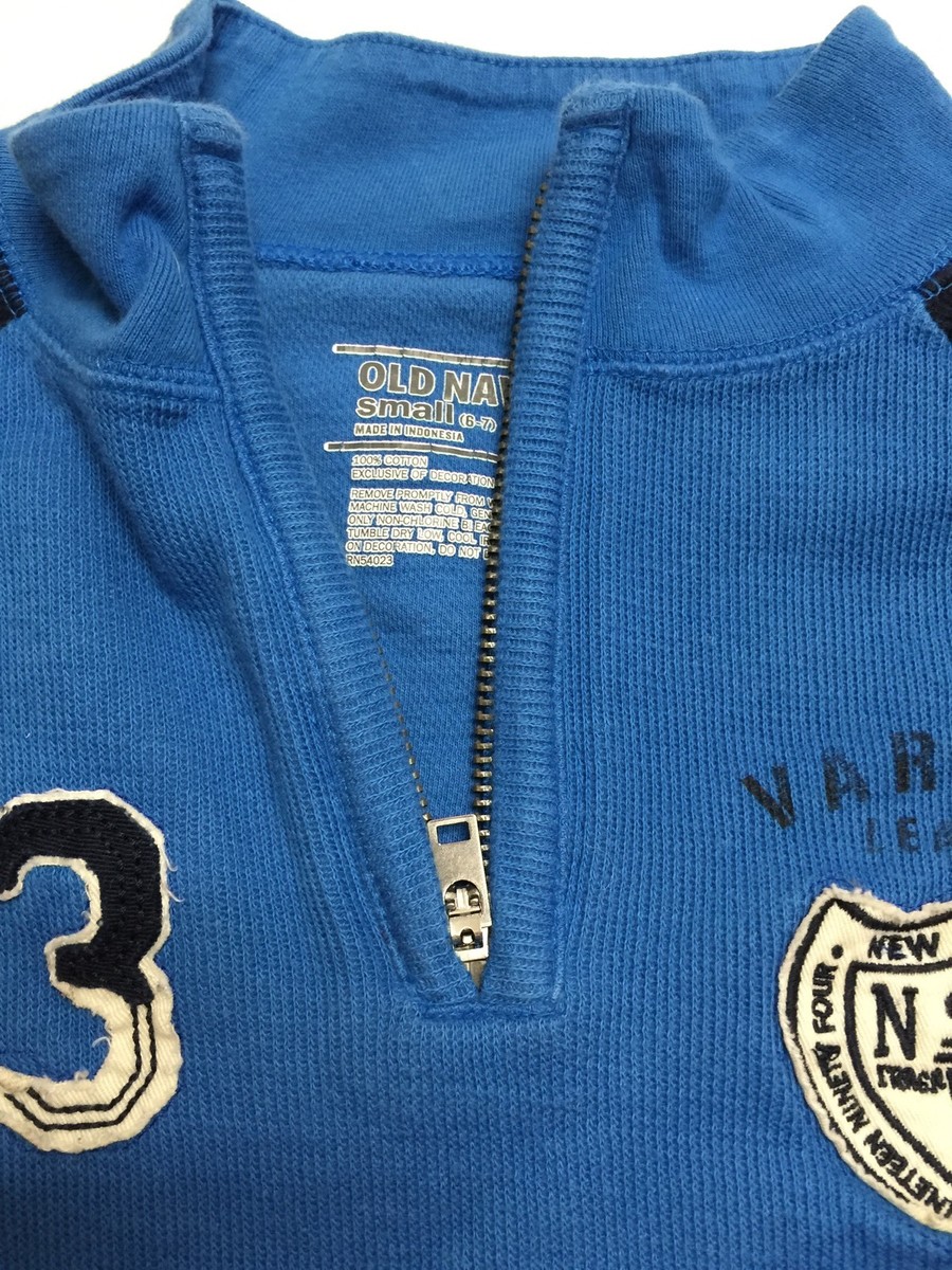 Boys Navy And Bright Blue Zip Neck Top With Patches Sz S (6/7) | eBay