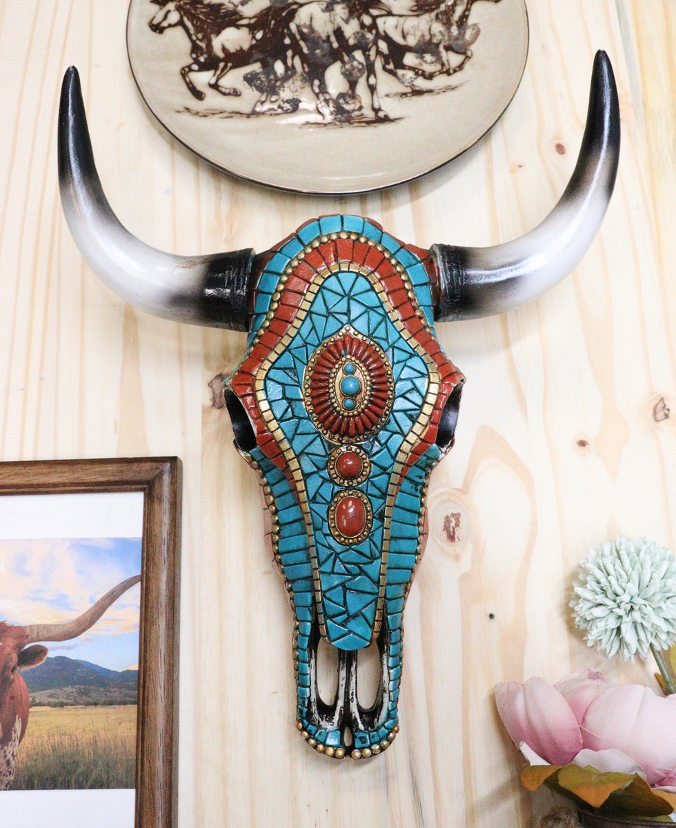 Southwest Steer Cow Skull With Turquoise Gold And Red