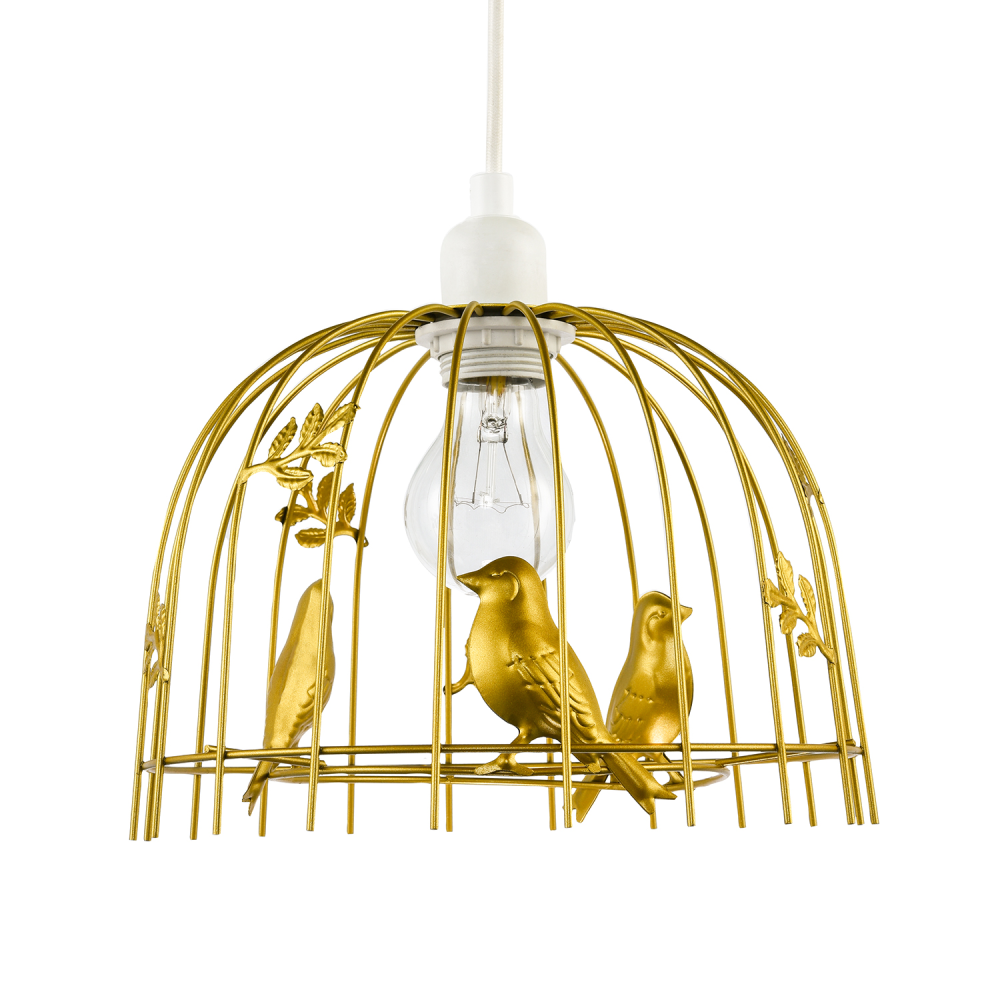 Chic Birdcage Pendant Shade in Satin Gold Metal with Birds and Leaves by Happ...