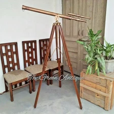 39 Inch Antique Nautical Floor Standing Brass Telescope With Wooden Tripod Stand
